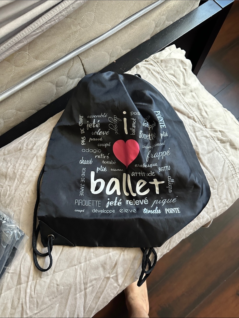 New in plastic Ballet Drawstring Gym Bag - Black with Pink Heart lightweight